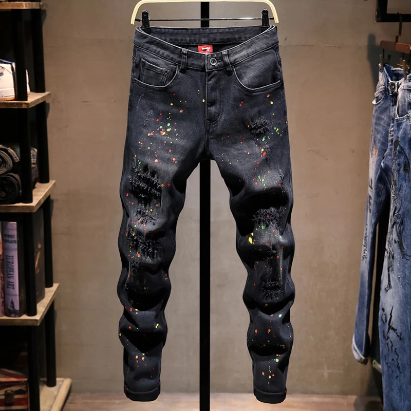 

Street Designer Fashion Men Jeans Black Stretch Slim Fit Painted Ripped Jeans Men Embroidery Patched Hip Hop Vintage Denim Pants