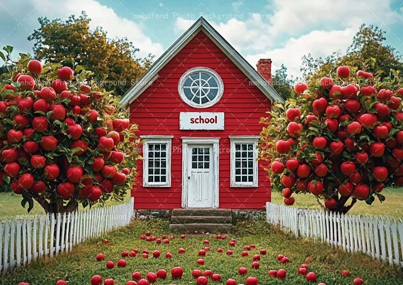 Mehofond Fantasy Fairy Tale Season Theme American Country Style Red School Building Apple Tree Kids Photography Background