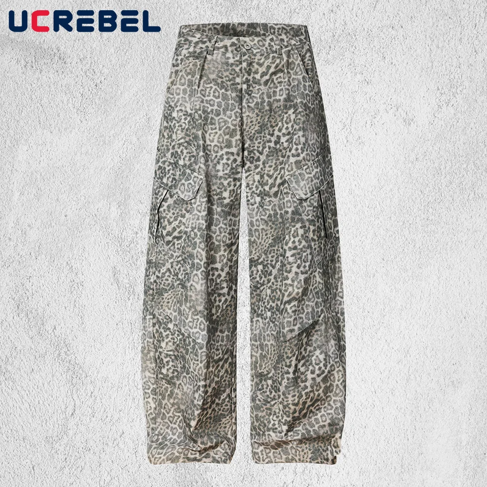 

Леопардовые брюки-карго, мужские карманные сращенные уличные брюки в стиле хип-хоп, потертые мешковатые широкие брюки-бананы, мужские