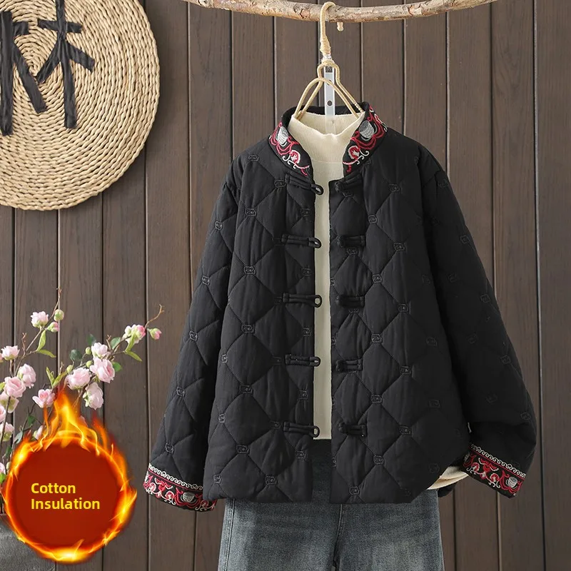 秋冬中国風青と白の磁器ボタン刺繍スタンドカラーコットンジャケット女性用エスニックピュアカラー