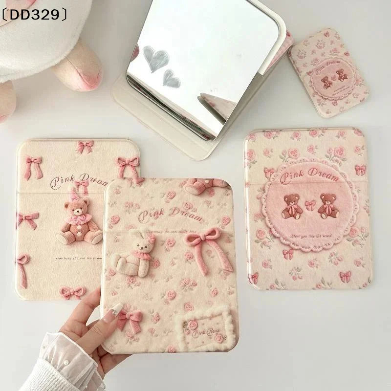 Foldable Desk Makeup Mirror Bear Bowknot Pattern Portable Flip Cosmetic Mirror For Student Travel Dorm Bedroom Makeup Use〔DD329〕