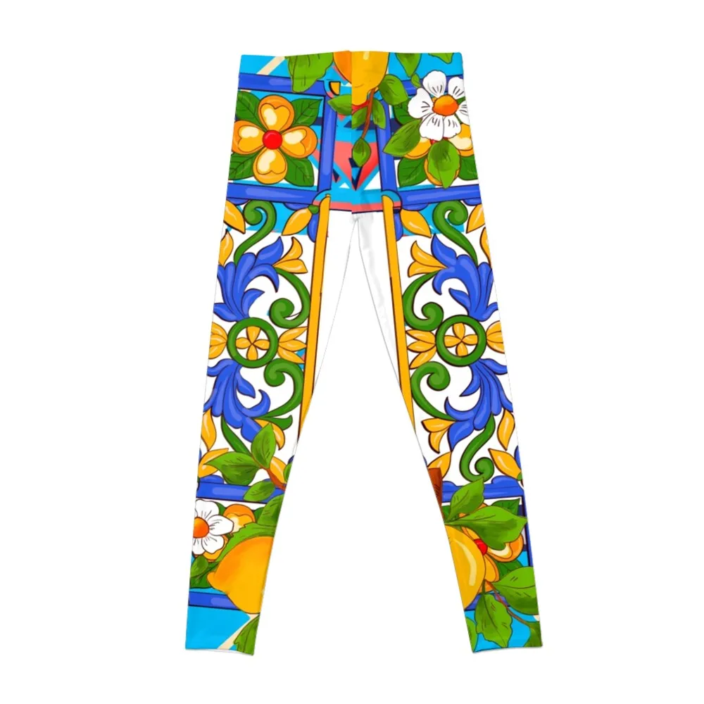 Summer ,Sicilian tiles ,citrus,lemons ,majolica Mediterranean Leggings sport legging Womens Leggings