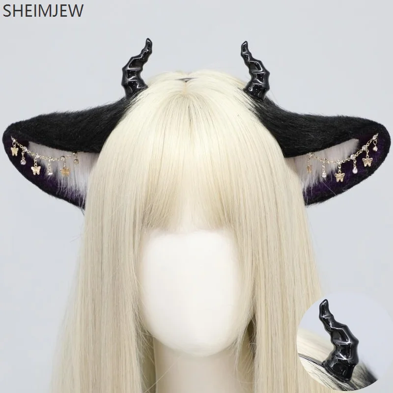 

Dark Plush Halloween Props Horn Devil Demon Bell Headband Simulation Animal Ears Role Play Dark Hair Accessories Headdress