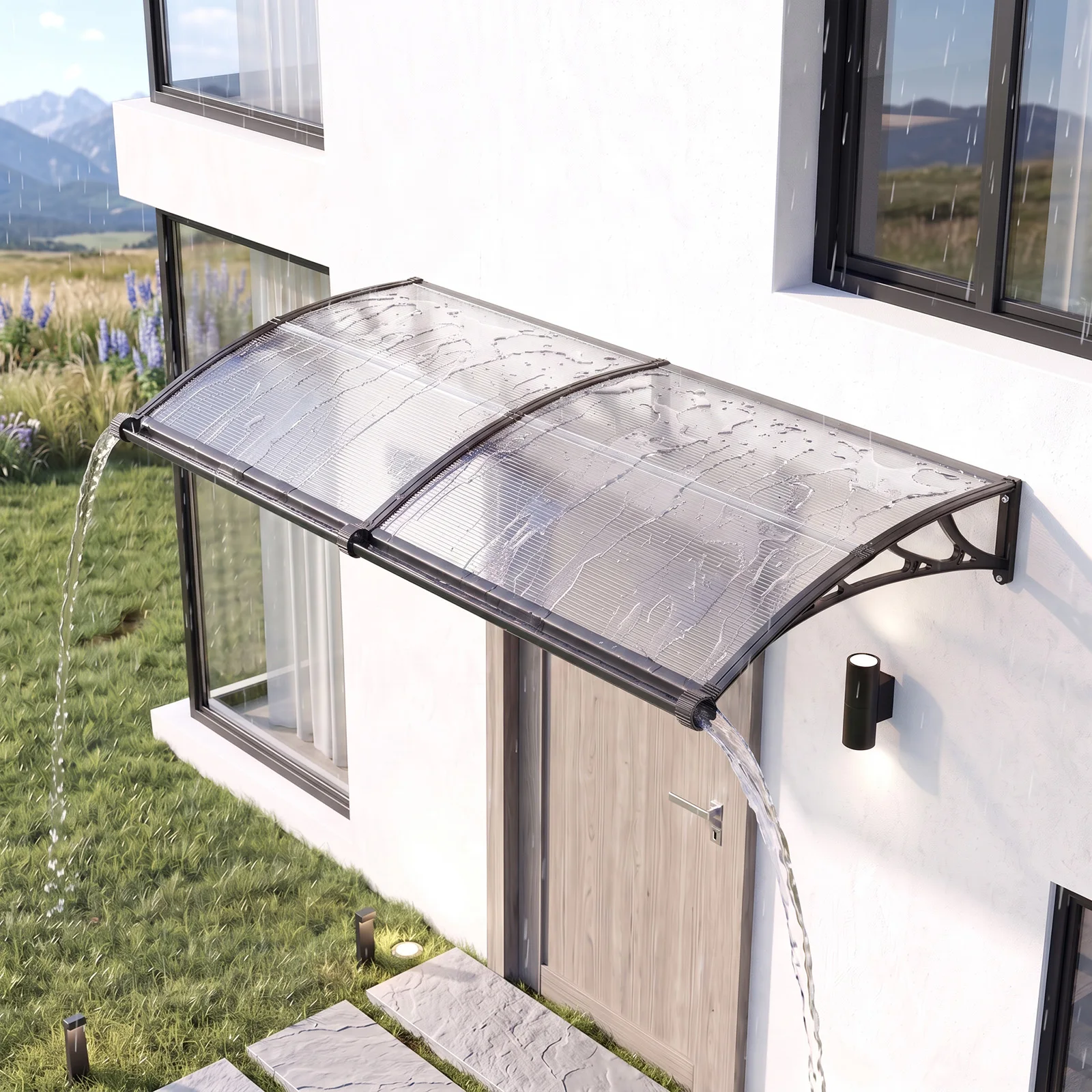 Polycarbonate Door Canopy with Built-in Gutter, Outdoor Waterproof Window Awning Rain Shelter for Home Entrance