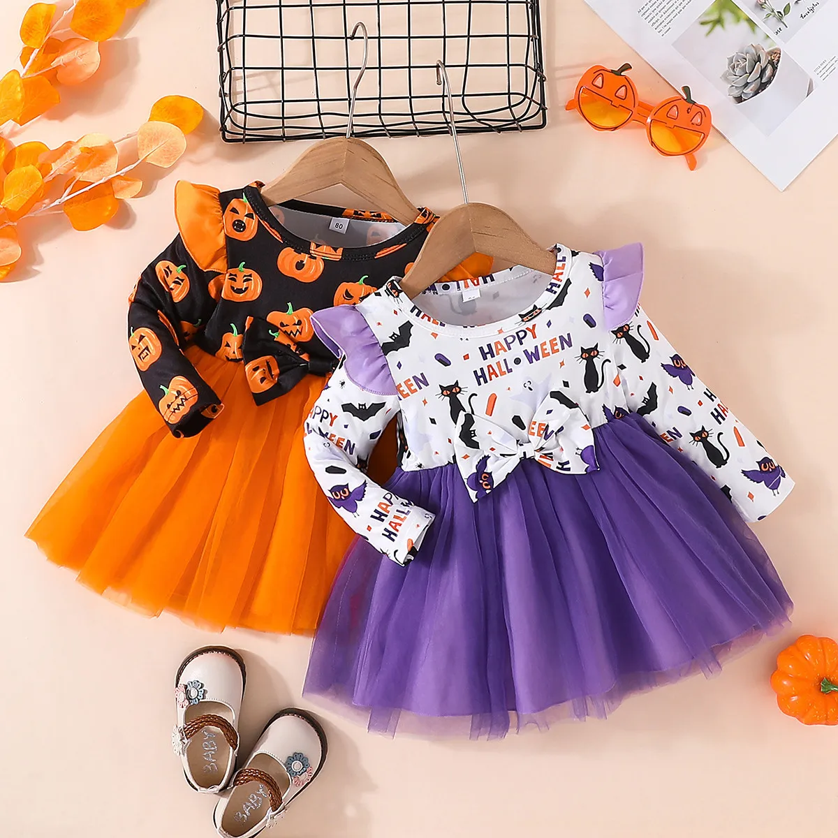 

Kid Girl Dress Halloween Pumpkin Flowers Black Cat Long Sleeve Mesh Skirt Simple Foreign Style Children Skirt Casual Comfort