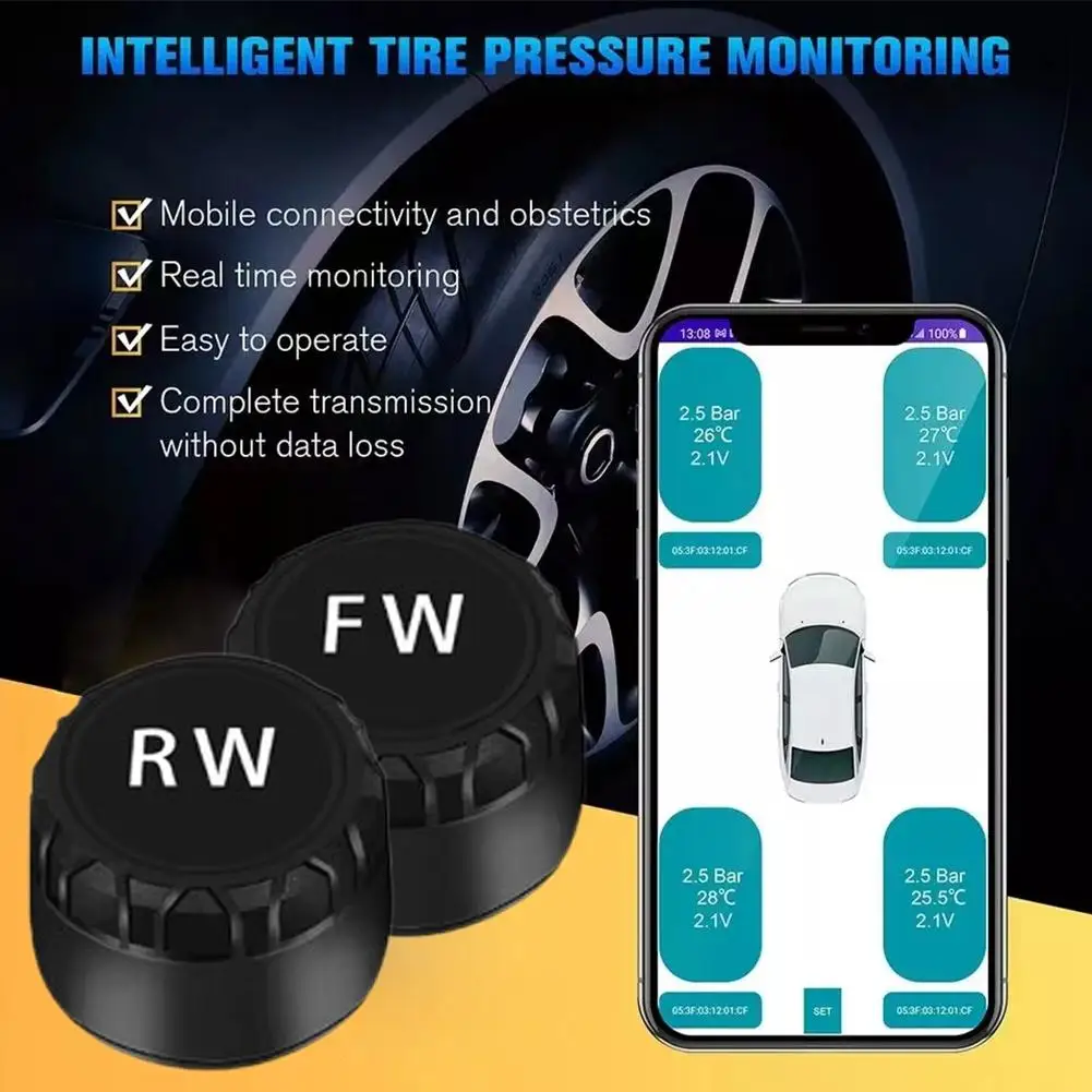 BT5.0 système de surveillance TPMS de la pression des pneus de voiture avec 2 capteurs externes capteur de pression des pneus de voiture de moto pour lOS Android