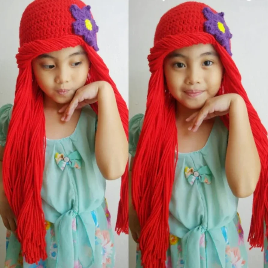 

Handmade knitting Children girls Party Cosplay Wig long Hair hand knitting Doll Girl Headwear Halloween Wig