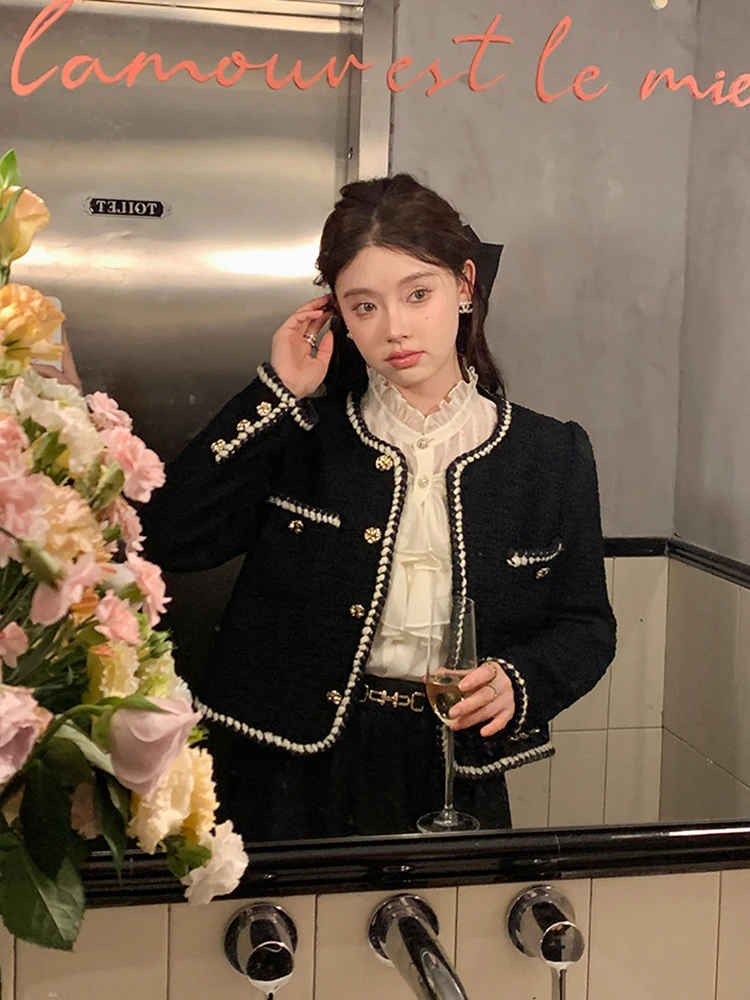 Veste en Tweed Vintage pour Femme, Manteau Court Français Élégant, Décontracté, à Manches sulf, Simple, Rétro, Vêtements d'Extérieur