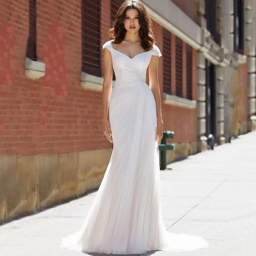 

V-Neck Delicate Pleat Wedding Dress Classic Tulle Mermaid Floor Length Bridal Cap Sleeves Backless with Buttons Sweep Train Gown