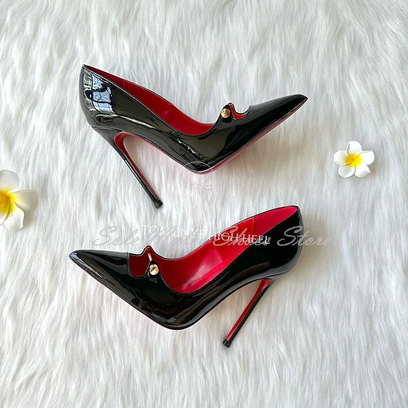Sexy hohle Lackleder-Pumps, Stilettos, Eisenstangen-Design, schwarze Hochzeitsschuhe, rotes Futter, spitze Zehen, Damen-Bankettkleidschuhe