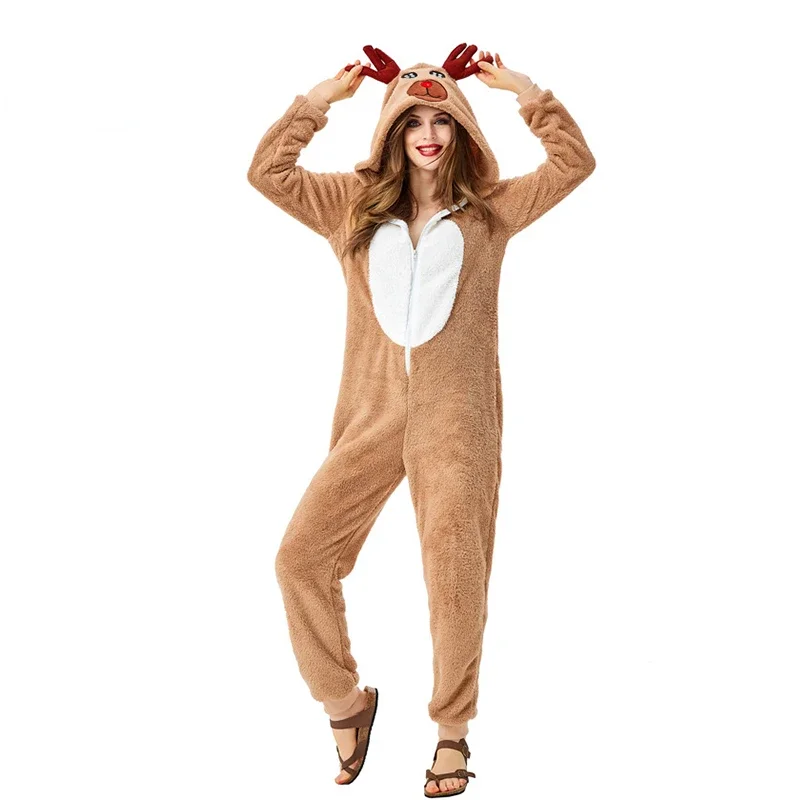 Women Christmas Costume Cute Reindeer Animal Costume Women Pajamas Winter Coral Velet Jumpsuit for Christmas