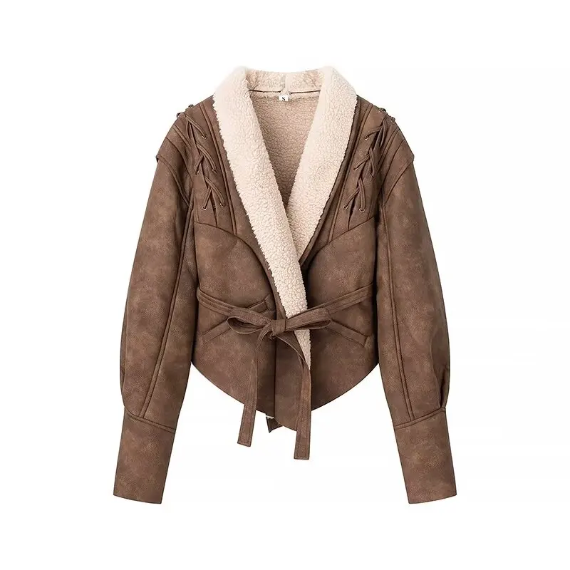 

ZBZA Autumn New Faionable Casual Sle All-Match Leather And Fur Inteated Jaet Women's ort Outerwear Polyester Fiber