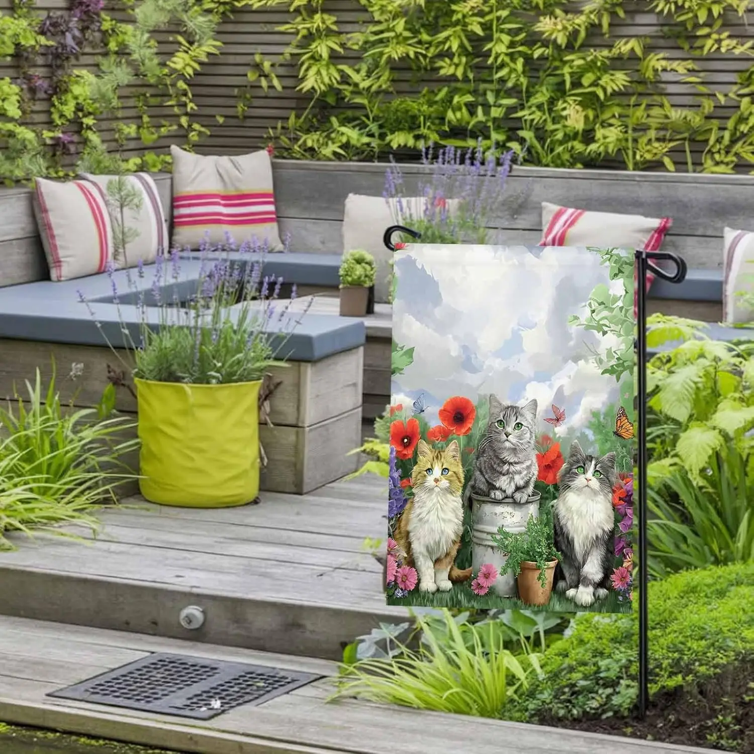 Spring Garden Cats Garden Flag 12x 18 Double Side, Farmhouse Animals Floral Botanical Garden Flags Outside House Flag Banner GGO