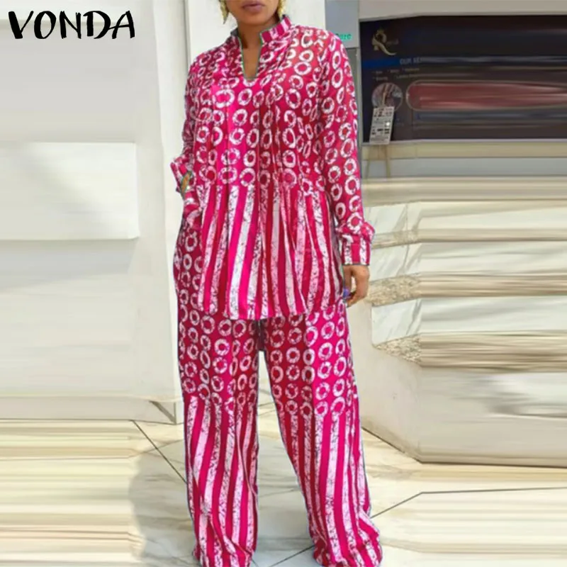 Плюс размер 5XL VONDA Женские одинаковые комплекты Модные костюмы с длинными рукавами Рубашки в полоску в горошек и брюки с эластичной резинкой на талии Комплекты оверсайз