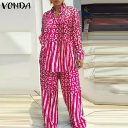 Plus Size 5XL VONDA Women Matching Sets 2024 Fashion abiti a maniche lunghe camicie a righe a pois e set di pantaloni elastici in vita