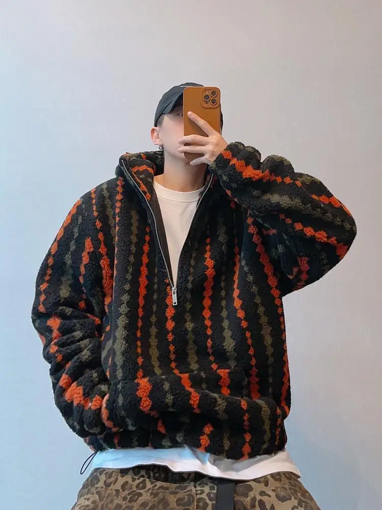 

Винтажное теплое пальто с капюшоном в вертикальную полоску, мужское ретро осенне-зимнее бархатное свободное повседневное пальто с полумолнией, одежда