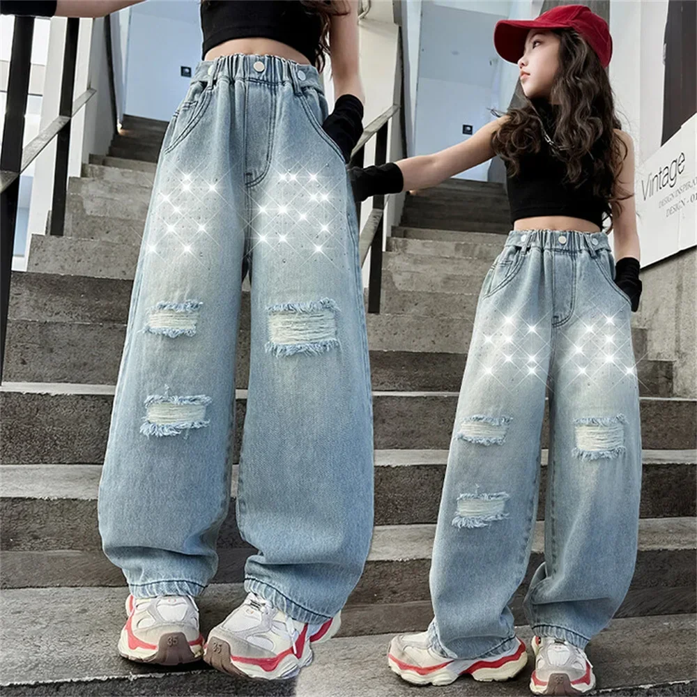 Girls Broken Denim Wide Leg Pants Kids Jeans For Girls High Waist Loose Casual Style Children's Clothing Spring Autumn Trousers