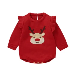 Baby Girls Christmas Romper, Long Sleeve Crew Neck Deer Knit Romper Bodysuit Sweater for Casual Daily