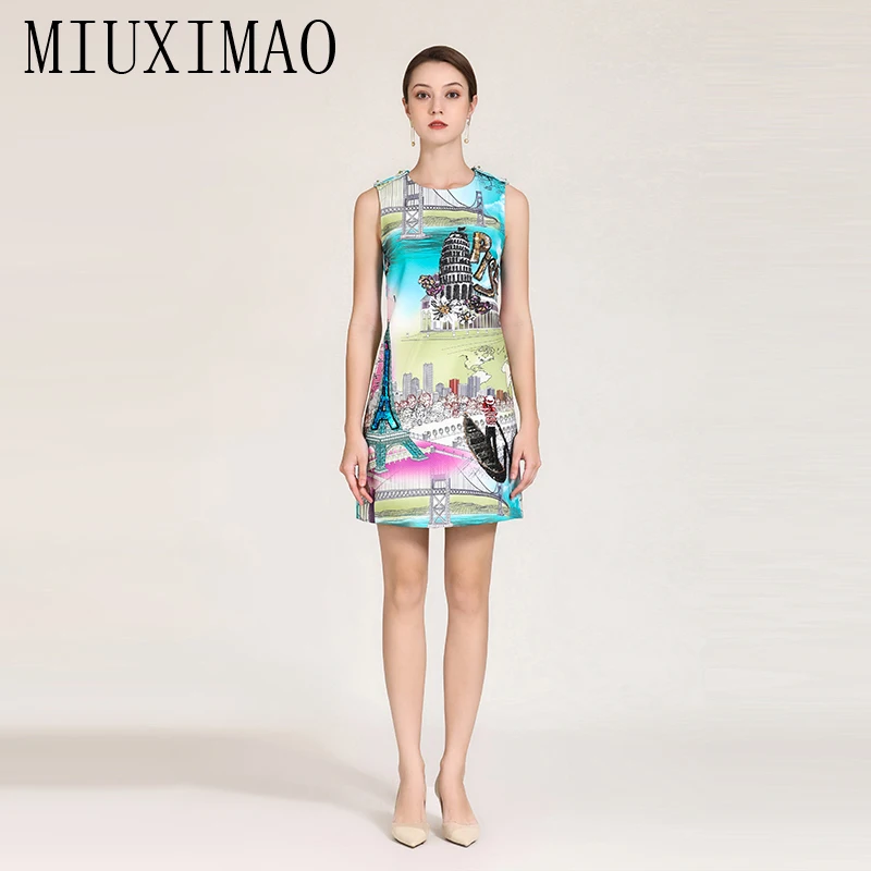 

MIUXIMAO 2023 High Quality Spring&Summer Elegant Dress Sleeveless O-Neck Print Fashion Mini Dress Women Vestides