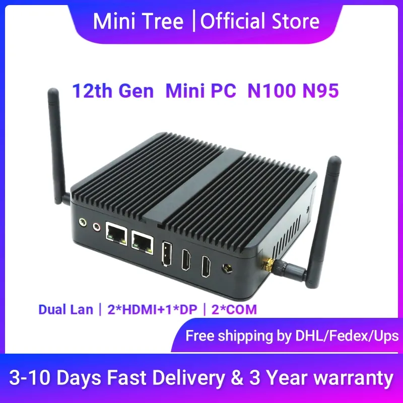 Fanless Mini Computer Intel N95 N100 N150 Dual Lan 2xRS232 COM 2xHD DP Triple Displays Celeron J6412 Desktop Mini PC WORKSTATION