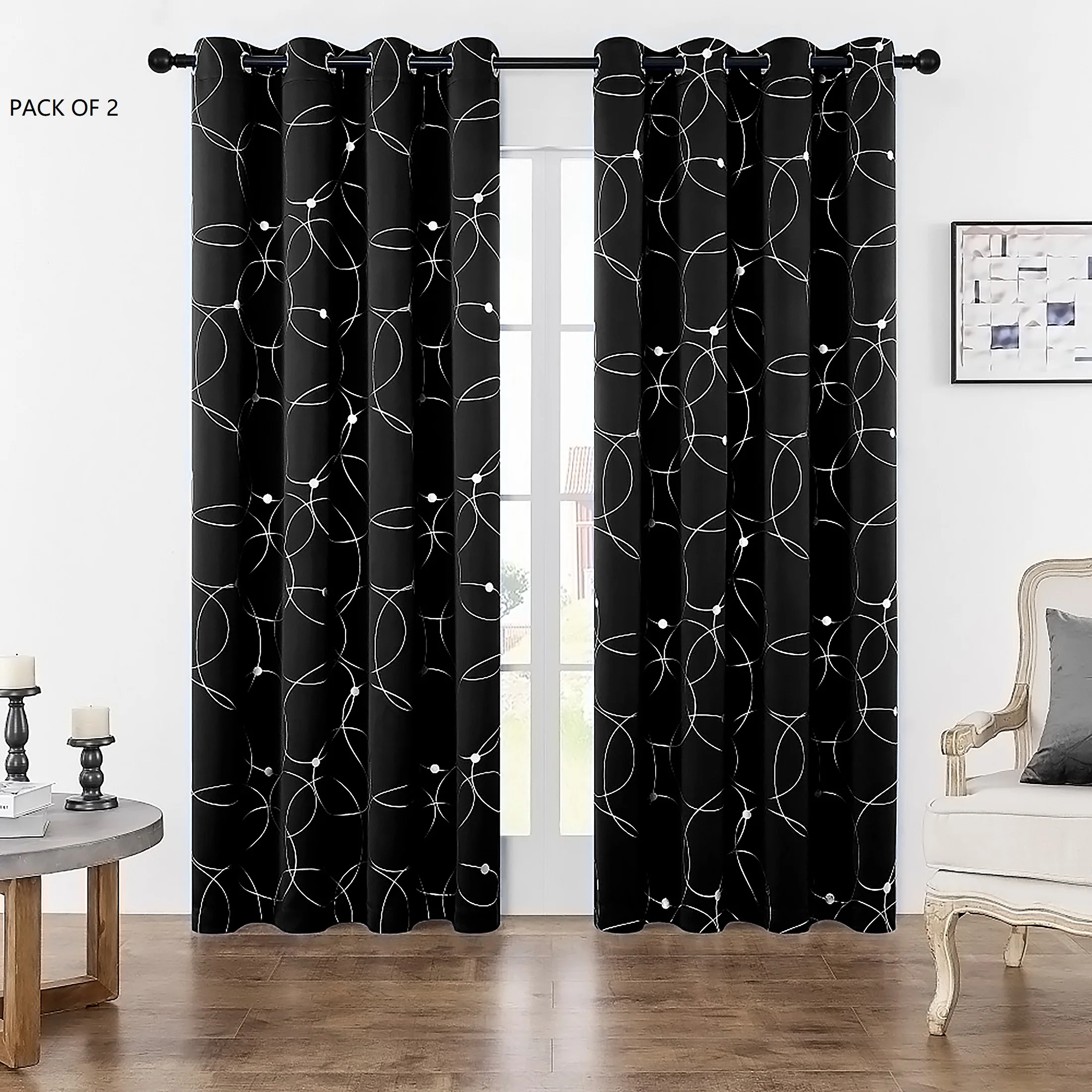 Pack Of 2 Blackout Curtains Grommet Thermal Insulated Room Darkening  With Circle And Dots Foil Printed For Bedroom