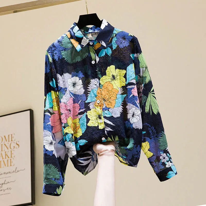 Floral Printing Vintage Polo-Neck Single Breasted Long Sleeve Women\'s Blouse Shirt Casual Female Clothing Tops Fashion Blouses