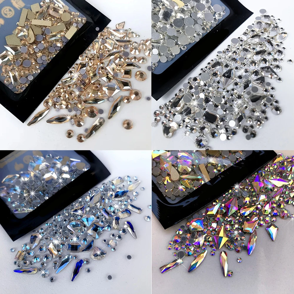 Strass redondos para arte em unhas, 20 peças, formato aleatório + 150 peças, ab/transparente/dourado/prata, glitter, diamante, vidro y2k, decoração de manicure