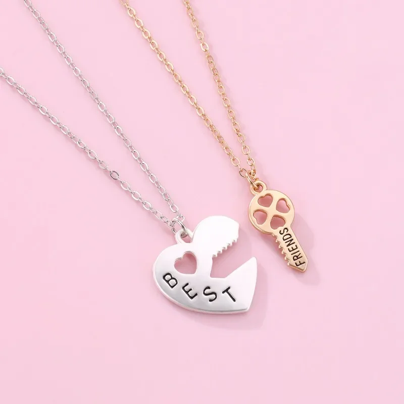 Lovecryst 2Pcs/set Key Heart Pendant Silver and Gold Plated Best Friends Necklace BFF Friendship Jewelry Gifts for Kids