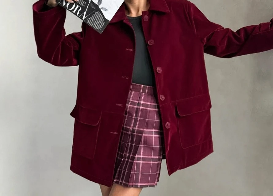 2025 Autumn and Winter Fashion Gold Velvet Jacket Retro Wine Red Jacket Coat High-end Women's Clothing