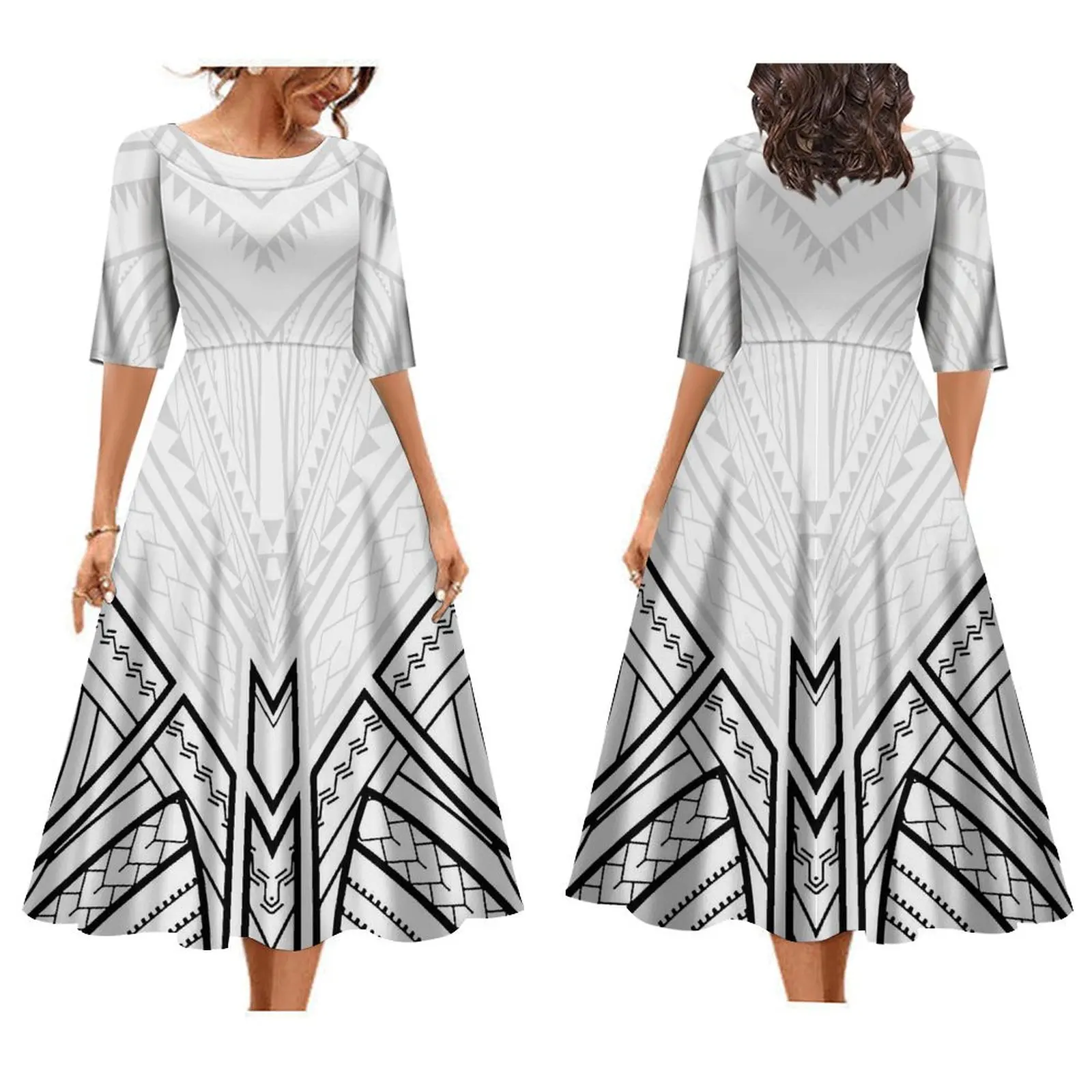 Polynesian Summer Ladies Long Skirt Round Neck Short Sleeve Tattoo Print Puffy Dress Quality Fabric Banquet Party Dress