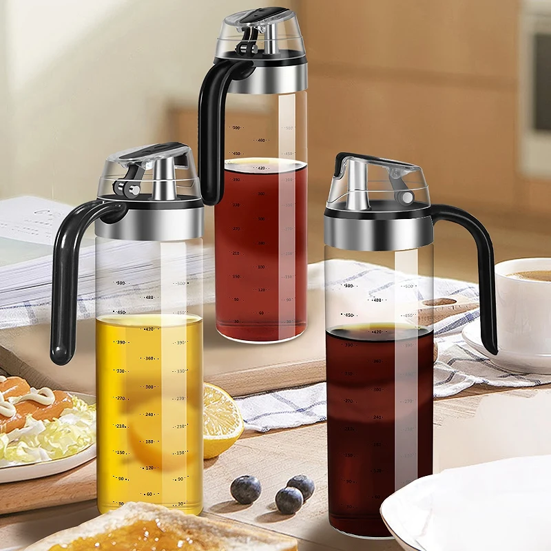 Olive Oil Dispenser Bottle Auto Flip Condiment Container Automatic Cap And Leakproof Vinegar Glass Cruet For Kitchen