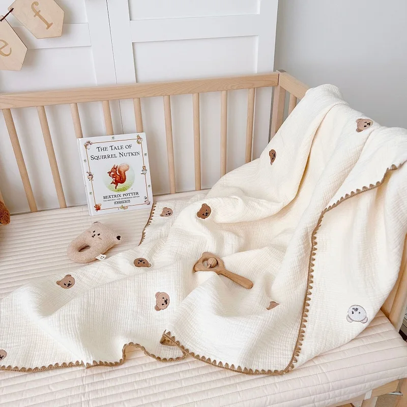 4 Layers Quilt Bed Cover Baby Blanket Bear Dots Print Cotton Gauze Muslin Bedding Baby Sleeping Receving Blanket Kid Bath Towel