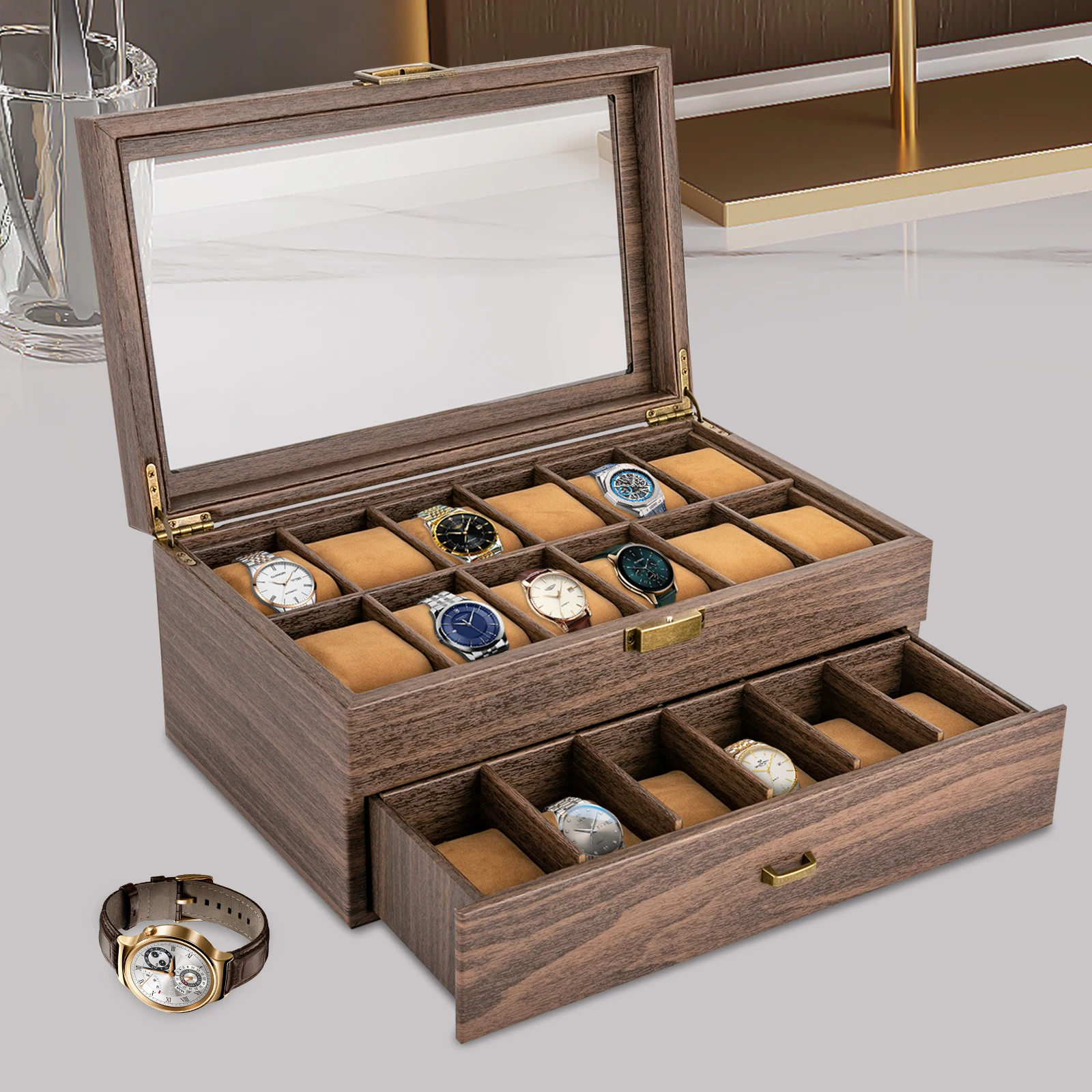 24-Fach-Organizer aus PU-Leder für Uhren, Schmuck, Uhrenboxen – Glasdeckel, weiche Kissen, Display-Aufbewahrung – für Kommode