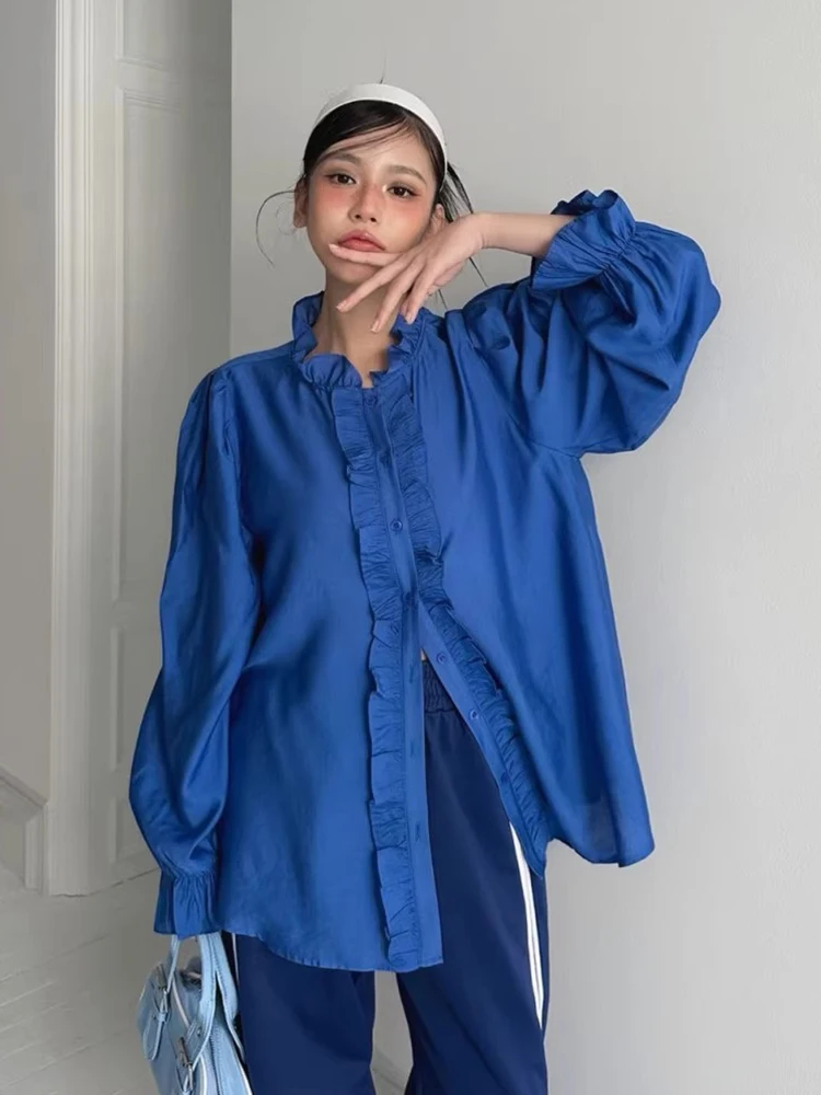 

Ретро-рубашка с воротником-стойкой и длинным рукавом, свободного кроя, женская, весенняя новинка, с декоративными вставками, синяя, цвета Кляйн, повседневная