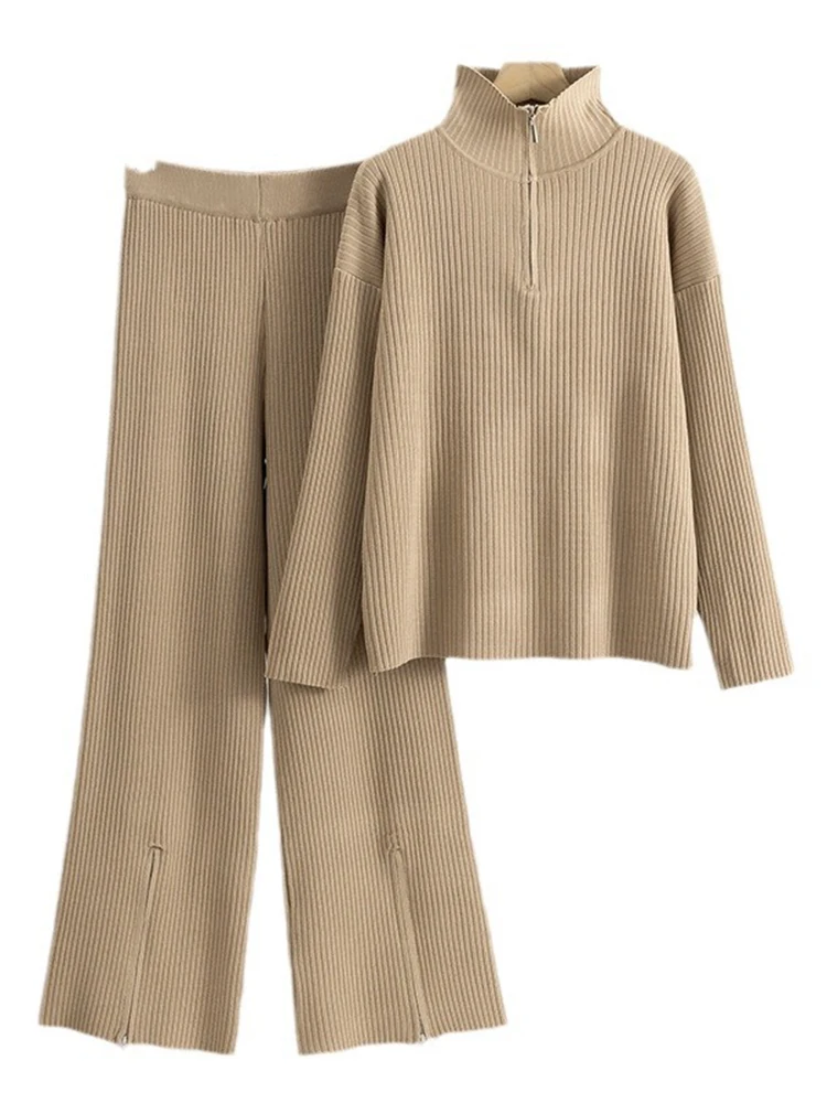 Knited Casual Two-piece Set  Autumn New Women's Turtleneck Zipper Sweater With Elastic Waist Wide Leg Pants