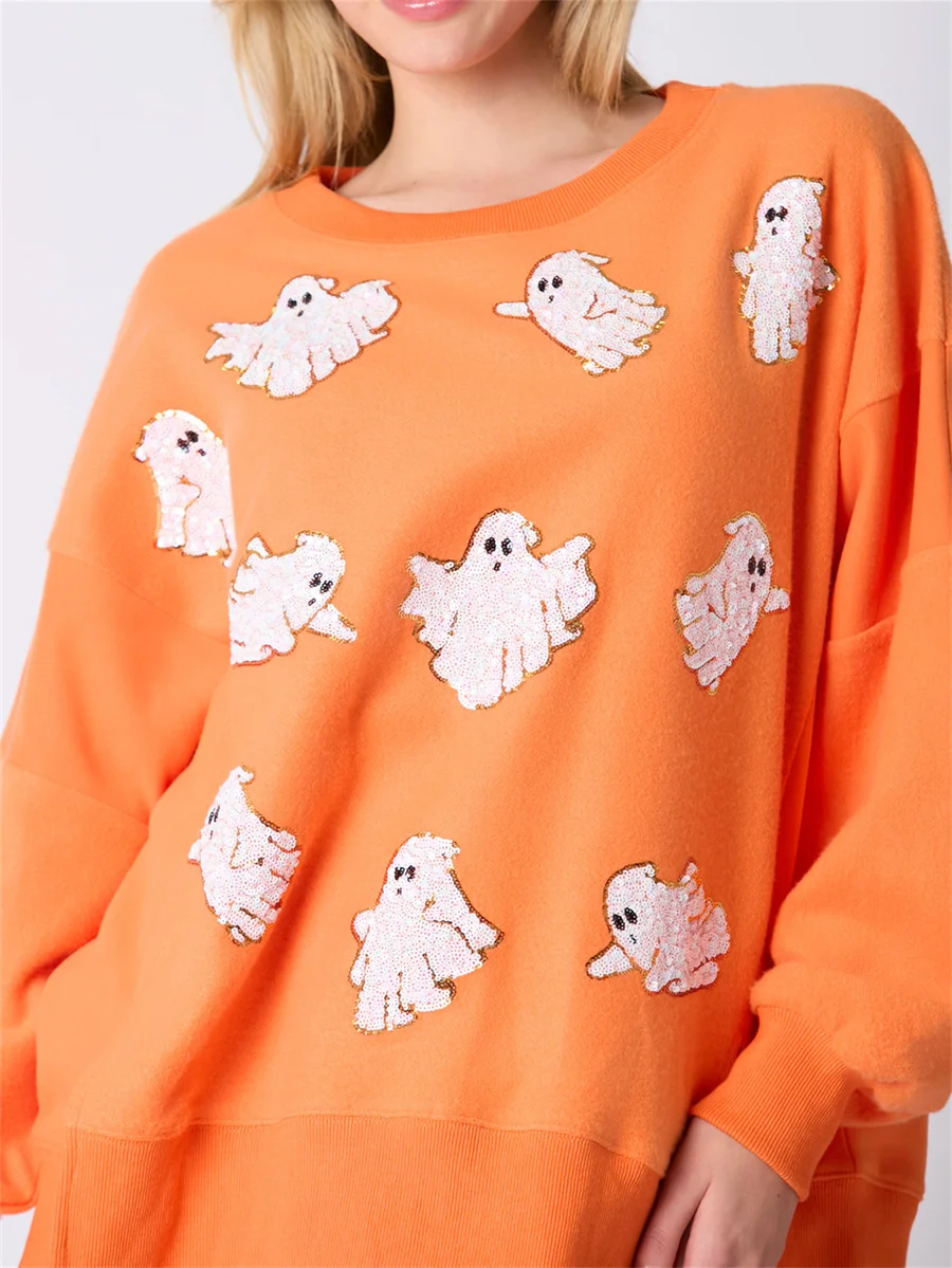 Women Sequin Ghost Halloween Sweatshirts Long Sleeve Sparkle Glitter Ghost Halloween Ugly Pullover