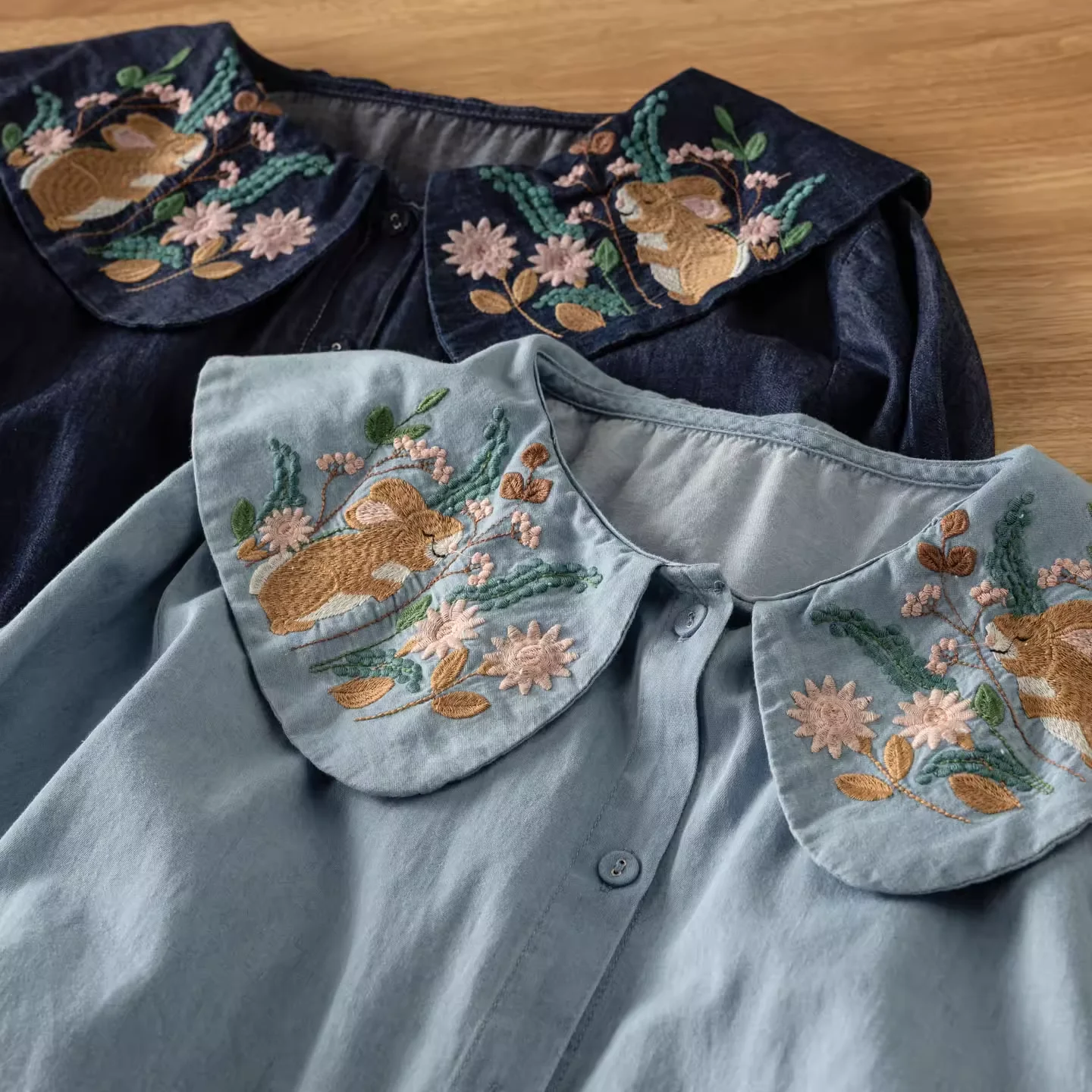 

Mori girl Japan style fashion cartoon bunny embroidery denim shirts long sleeve blouses for women cute kawaii clothes