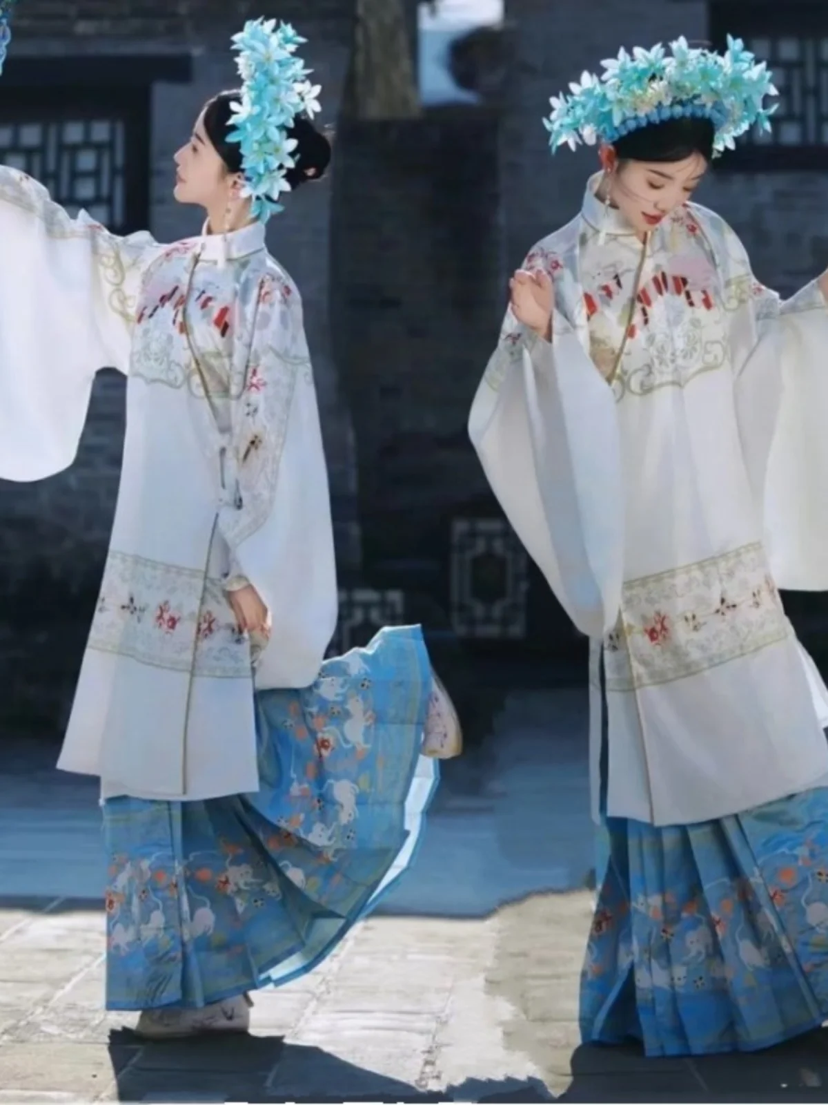 

Traditional Chinese Hanfu Women's Costume Ming Dynasty Style Floral Hairpin Outdoor Photography Scenic Spot Travel Photography