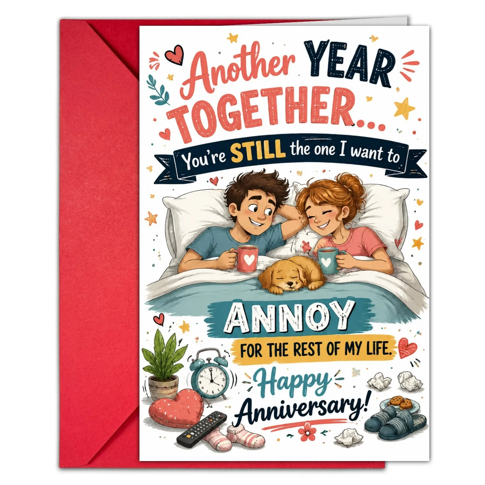 Funny Couple Bed Dog Anniversary Greeting Card Cartoon Sweet Couple Humorous Quote Romantic Wish Card For Husband Wife Partner W