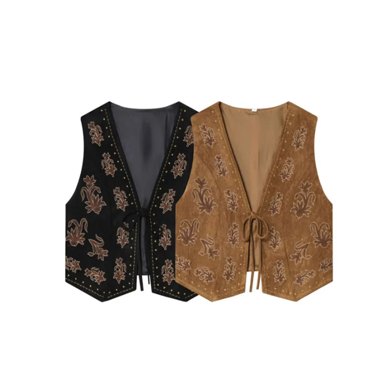 

Новая осенняя женская одежда в европейском и американском стиле, жилет с вышивкой бисером и эффектом замшевой текстуры.