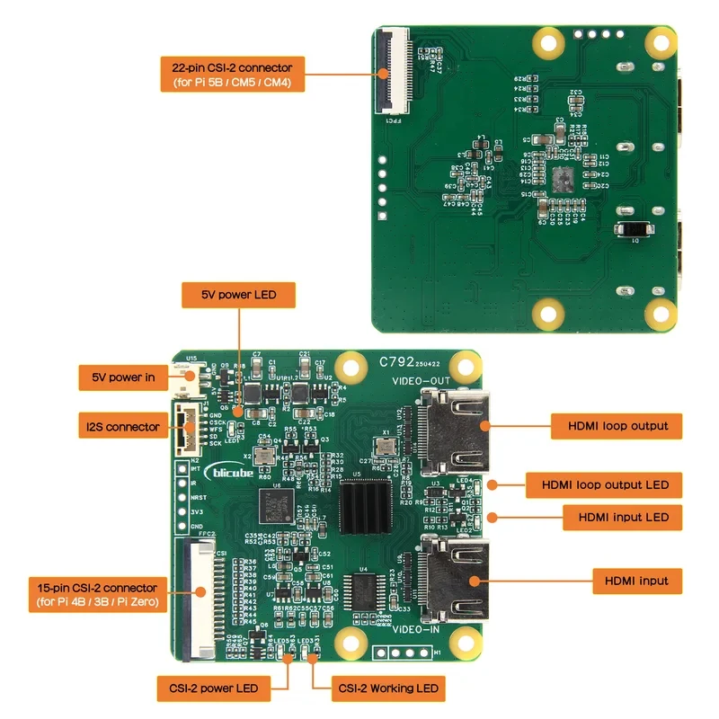 C792 To CSI-2 Converter Module With Loop Out Supports I2S Audio Output Raspberry Pi 5B/4B//3B/Zero/CM5/
