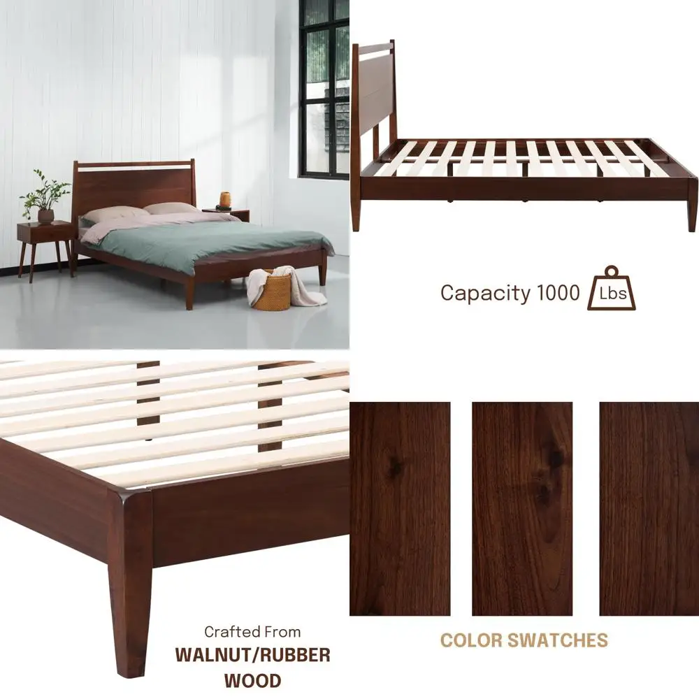 

Walnut and Rubber Wood Adept Bed Frame with Headboard, featuring Silent Slats and Central Wood Support, Supporting Up to 1000 Lb
