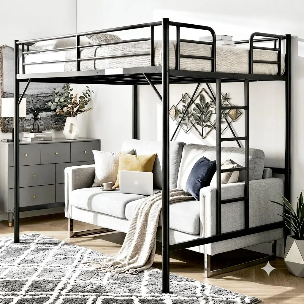 Loft Bed Full Size With Flat Rungs For Adults, Kids And Young Teens, No Box Spring Needed,Heavy Duty Metal Slat, Customized