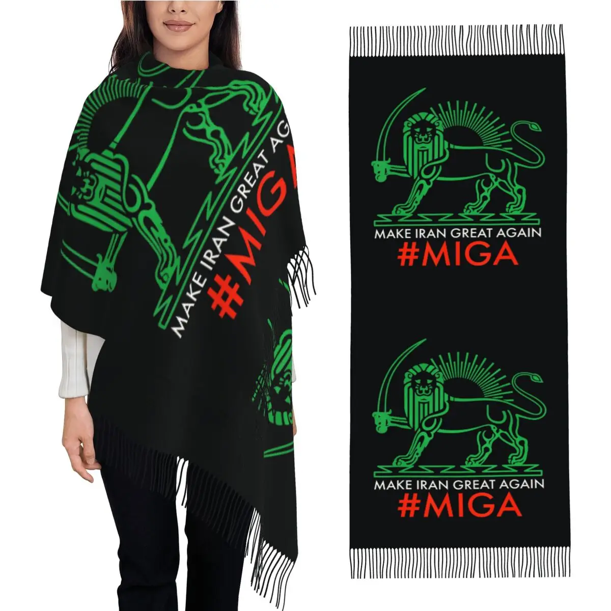 

Make Iran Great Again Persian Lion And Sun Shiro Khorshid Scarf Womens Large Scarves with Long Tassel Shawls and Wraps Foulard
