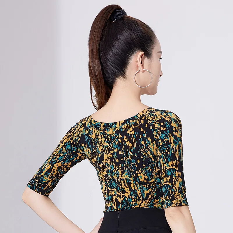 Top de práctica de baile para mujer, ropa de baile ajustada, ropa de entrenamiento de baile latino moderna de manga corta estampada