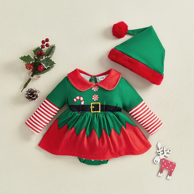 

Новинка 2023 года, костюм эльфа для маленьких девочек, комбинезон с длинными рукавами и кукольным воротником, платье со шляпой, рождественский комплект из 2 предметов