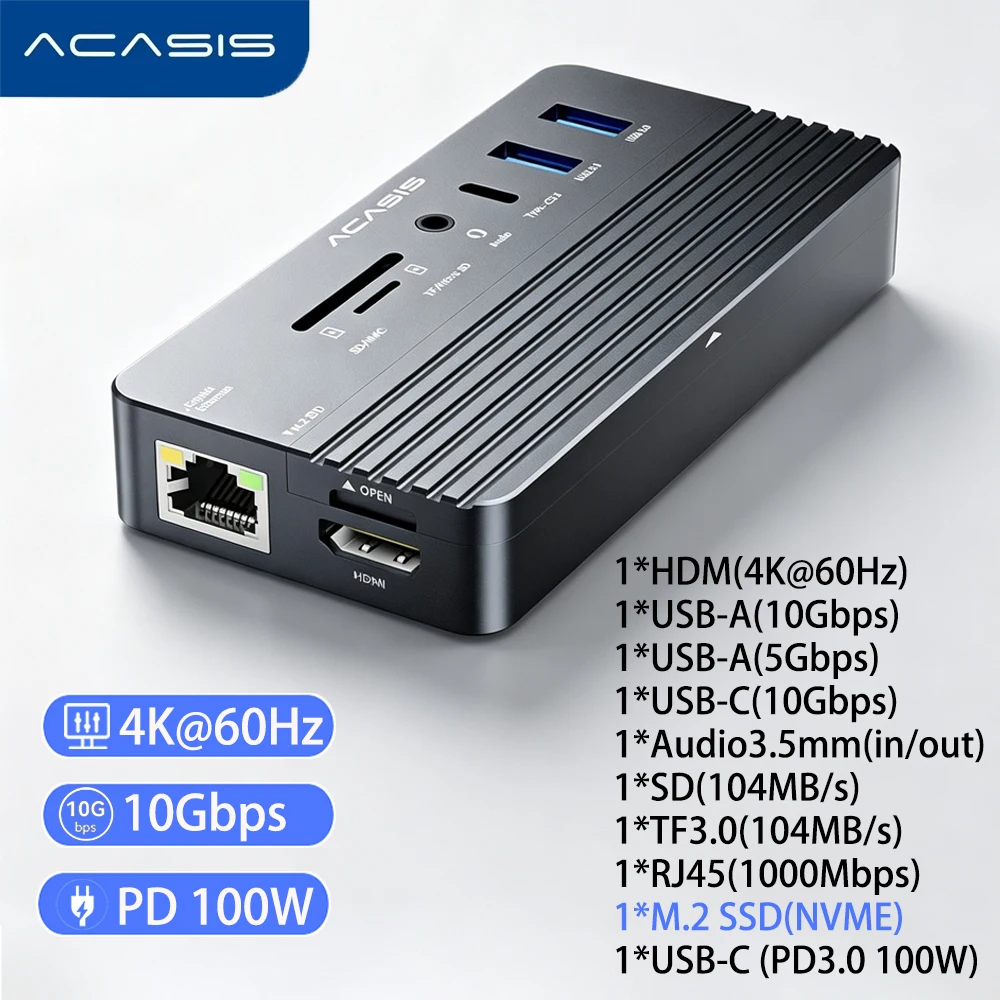 ACASIS 10‑in‑1 USB‑C Docking Station M.2 NVMe SSD Enclosure 10Gbps HDMI 4K@60Hz PD100W Gigabit RJ45 SD TF 3.5mm Audio For Mac Windows PC