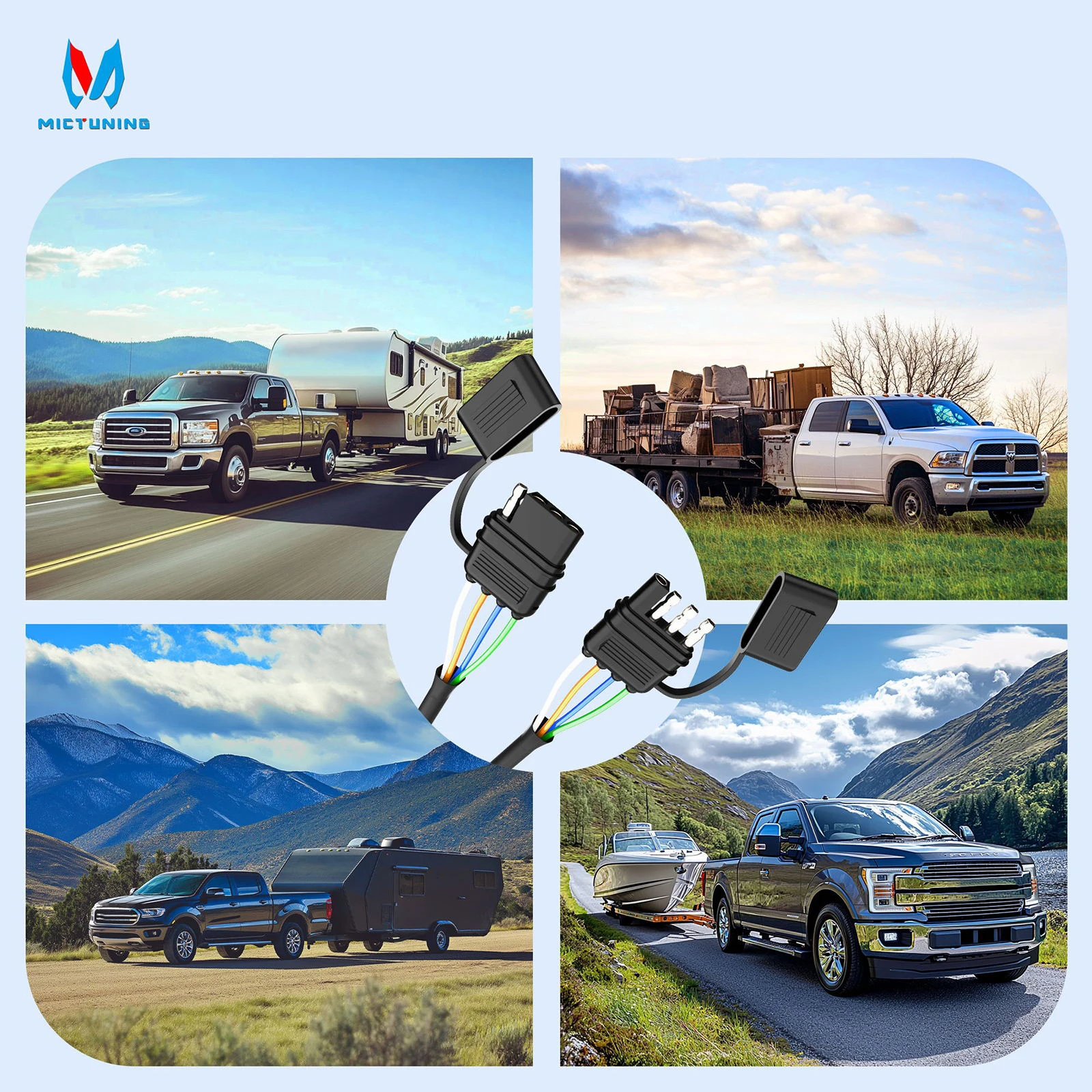 

12 inch 4 Pin Trailer Wiring Harness,16AWG Pure Copper Trailer Light Kit ，Vehicle-Side and Trailer-Side 4 Way Flat Trailer Plug