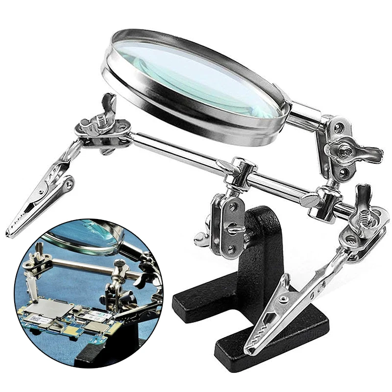 Third Hand 5X Magnifying Glass Stand For Electronic Works Jeweler Watch Repair Welding Soldering Magnifier With Dual Clips