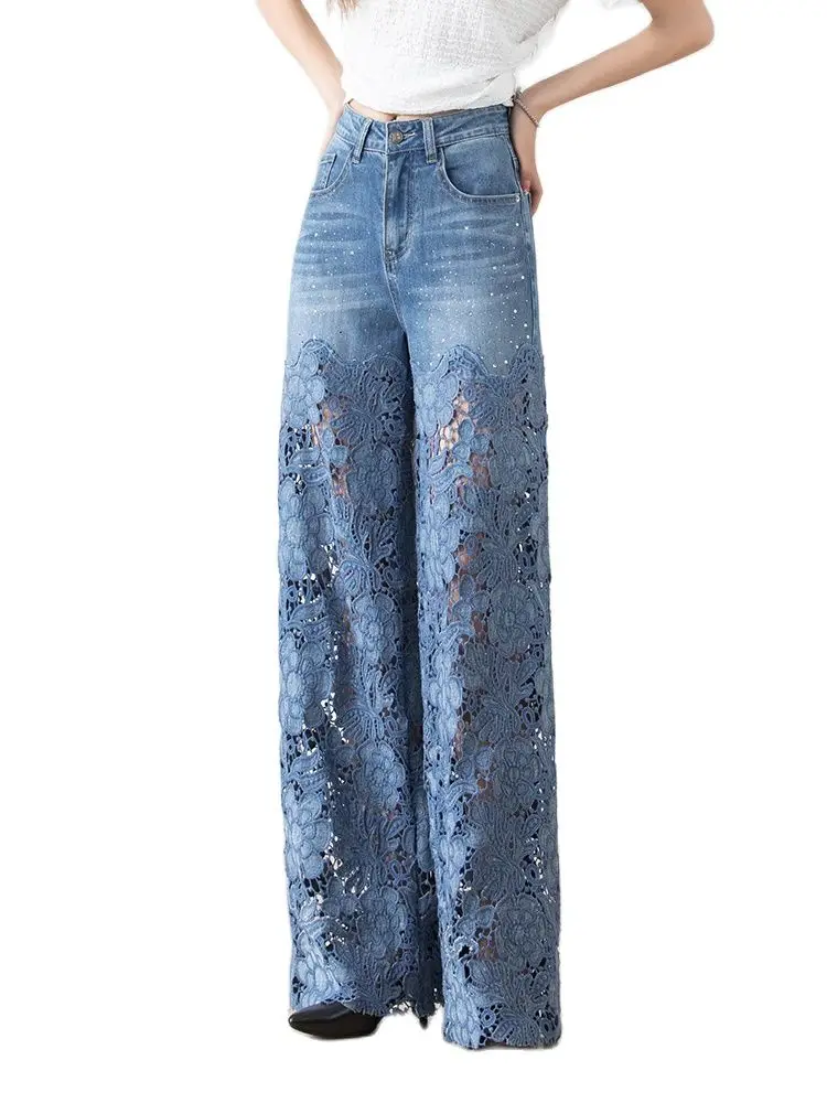 Stylish Hook Flower Hollow Out Embroidered Jeans Women 2023 Fashion High Waist Wide Leg Straight Denim Pants Streetwear y2k